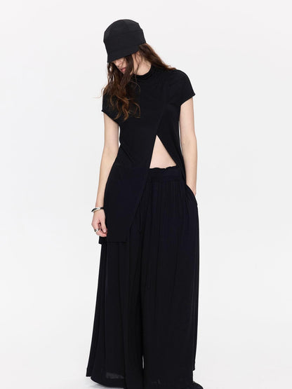 LYUOCHENG Black Asymmetric Slit Shirred Cowl Women&