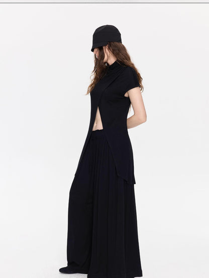 LYUOCHENG Black Asymmetric Slit Shirred Cowl Women&