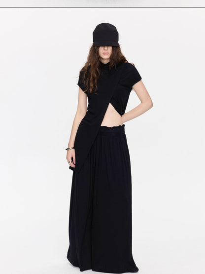LYUOCHENG Black Asymmetric Slit Shirred Cowl Women&