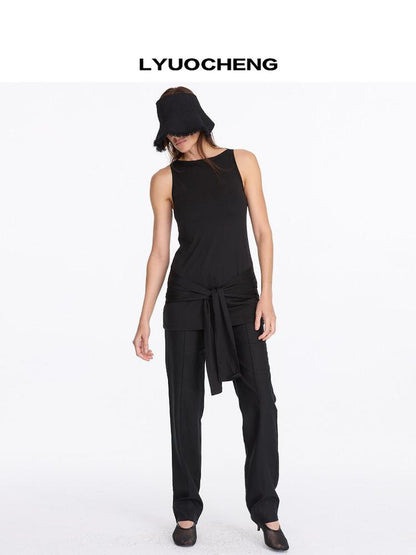LYUOCHENG Black Asymmetrical Tie Racerback Women&