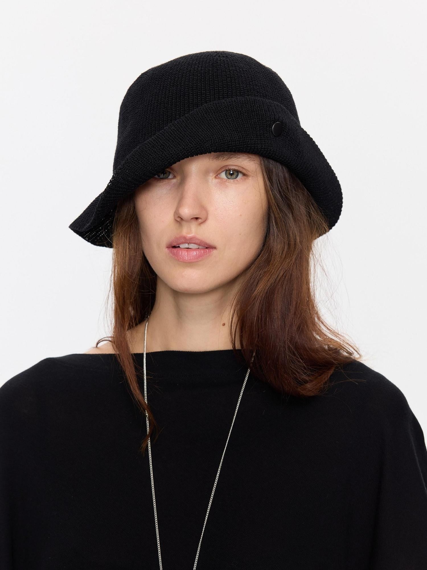 LYUOCHENG Black Breathable Knitted Adjustable Vintage Turn Up Wide Brim Women&