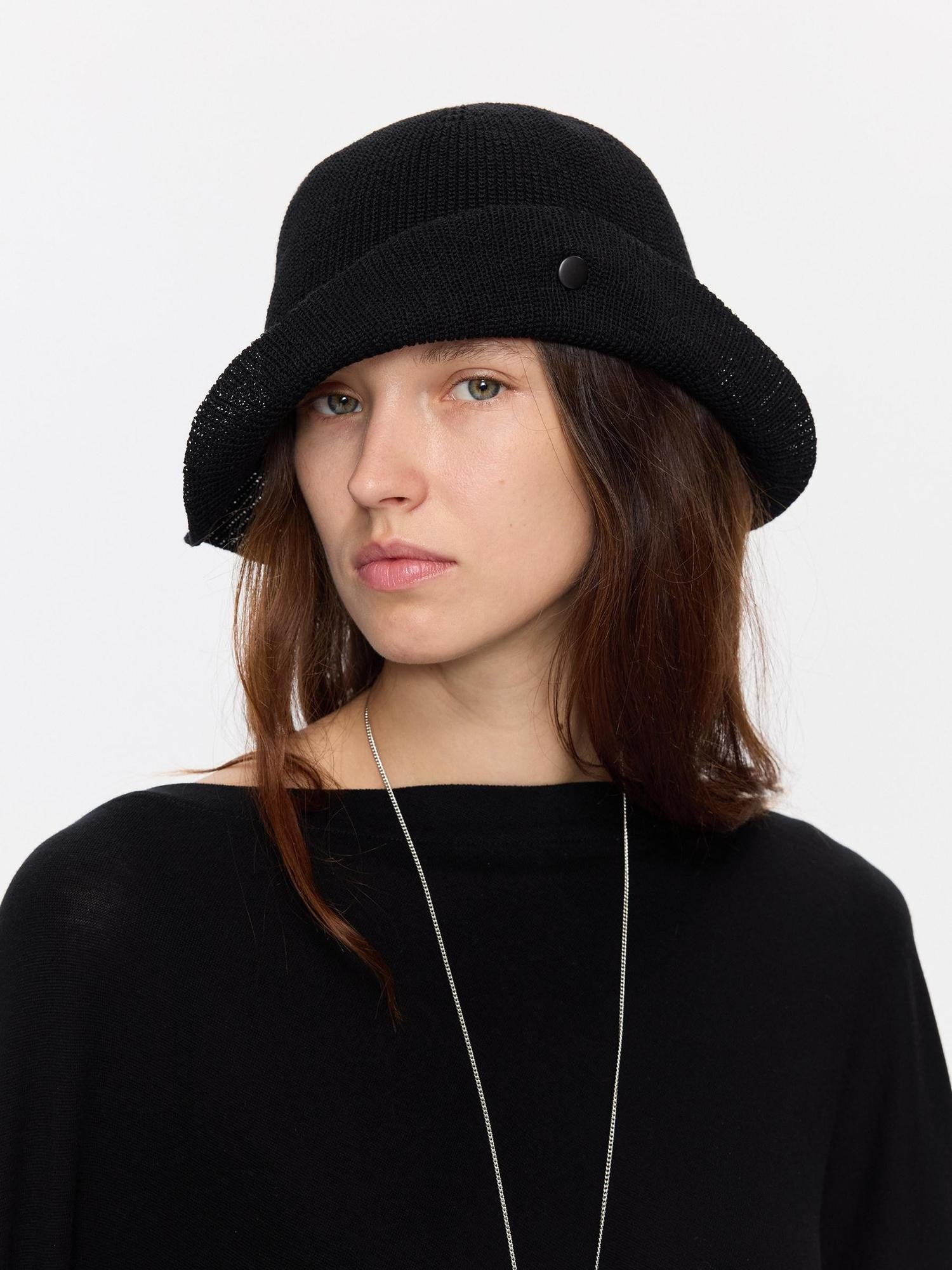 LYUOCHENG Black Breathable Knitted Adjustable Vintage Turn Up Wide Brim Women&