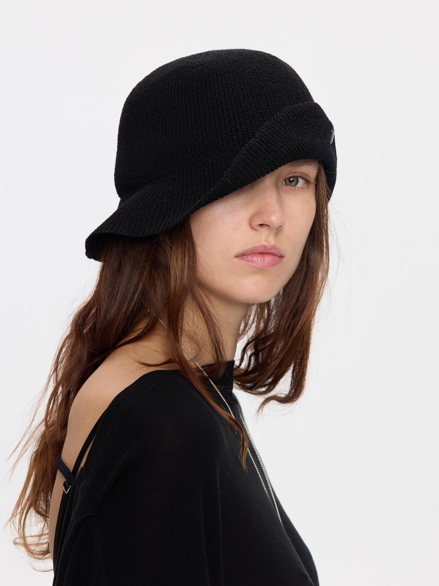 LYUOCHENG Black Breathable Knitted Adjustable Vintage Turn Up Wide Brim Women&