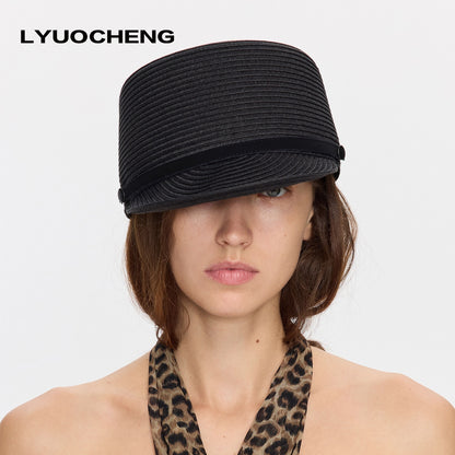 LYUOCHENG_Black_Breathable_Woven_Flat_Top_Wide_Brim_Riding_Pleated_Women&