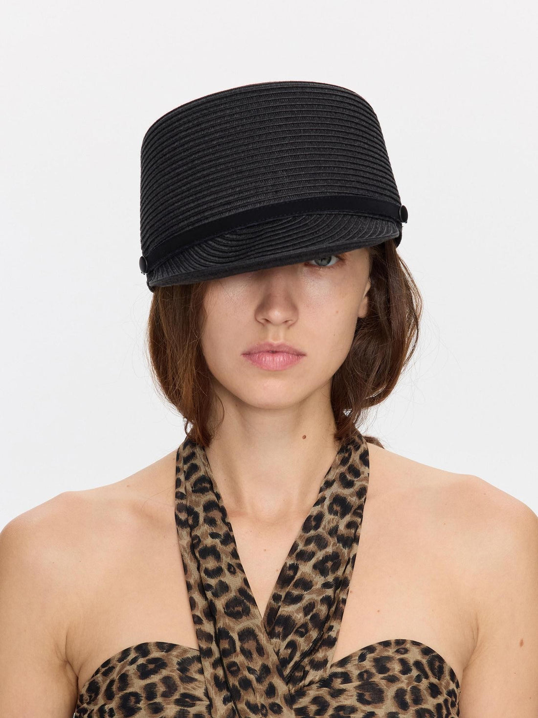 LYUOCHENG Black Breathable Woven Flat Top Wide Brim Riding Pleated Women&