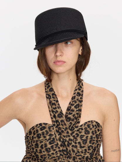 LYUOCHENG Black Breathable Woven Flat Top Wide Brim Riding Pleated Women&