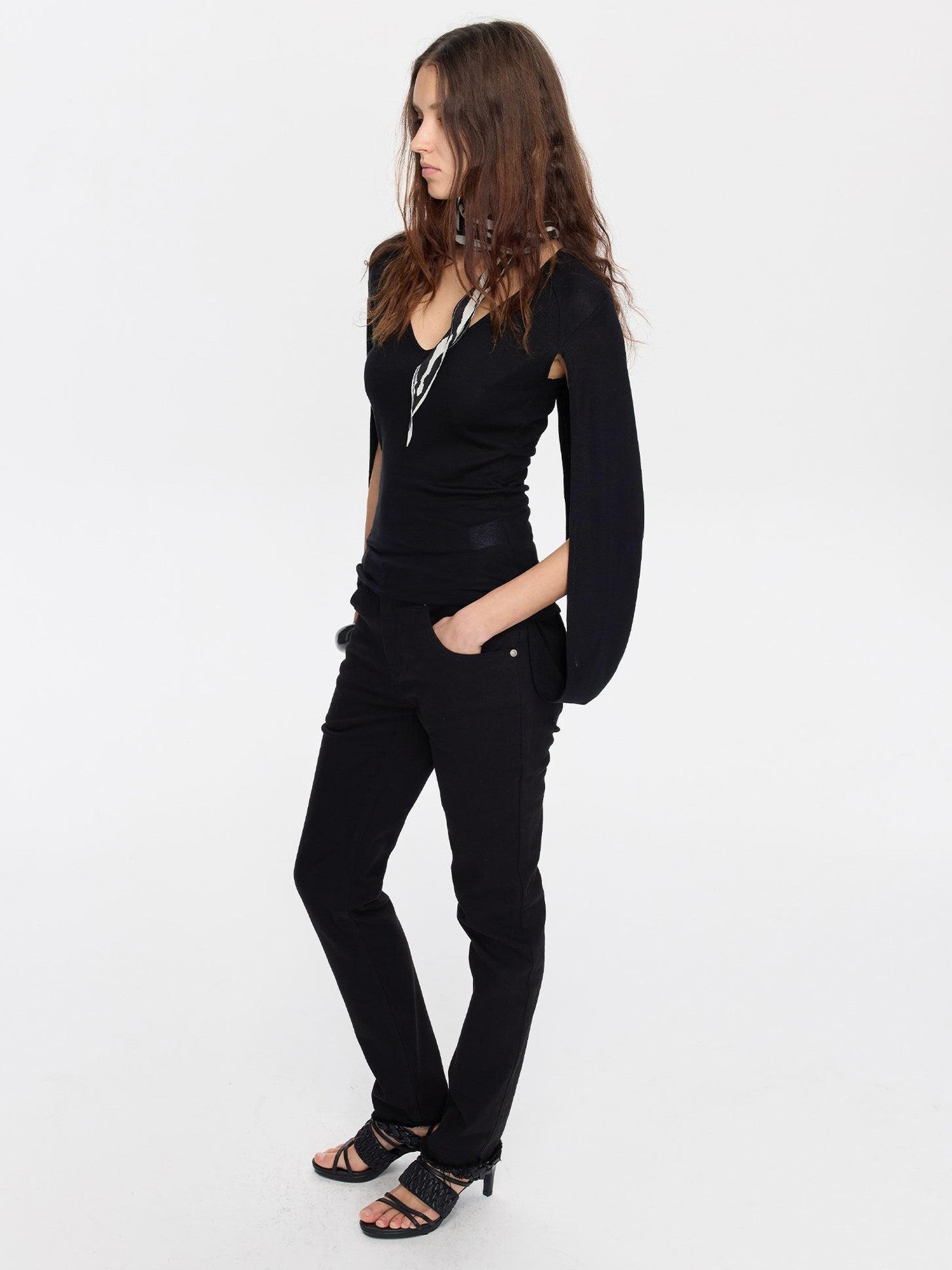 LYUOCHENG Black Cape Minimalist Deep V Women&