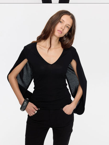 LYUOCHENG Black Cape Minimalist Deep V Women&