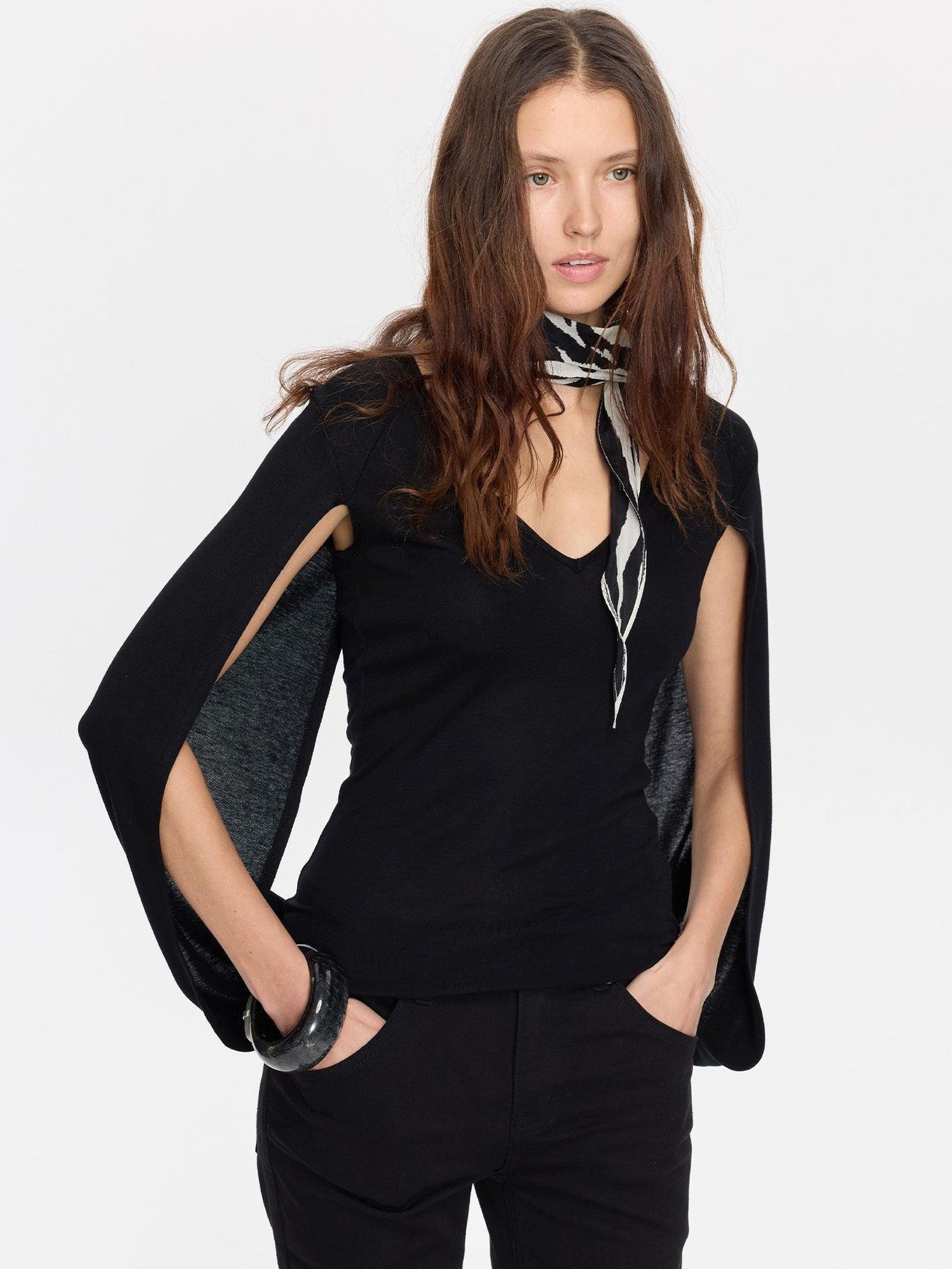 LYUOCHENG Black Cape Minimalist Deep V Women&