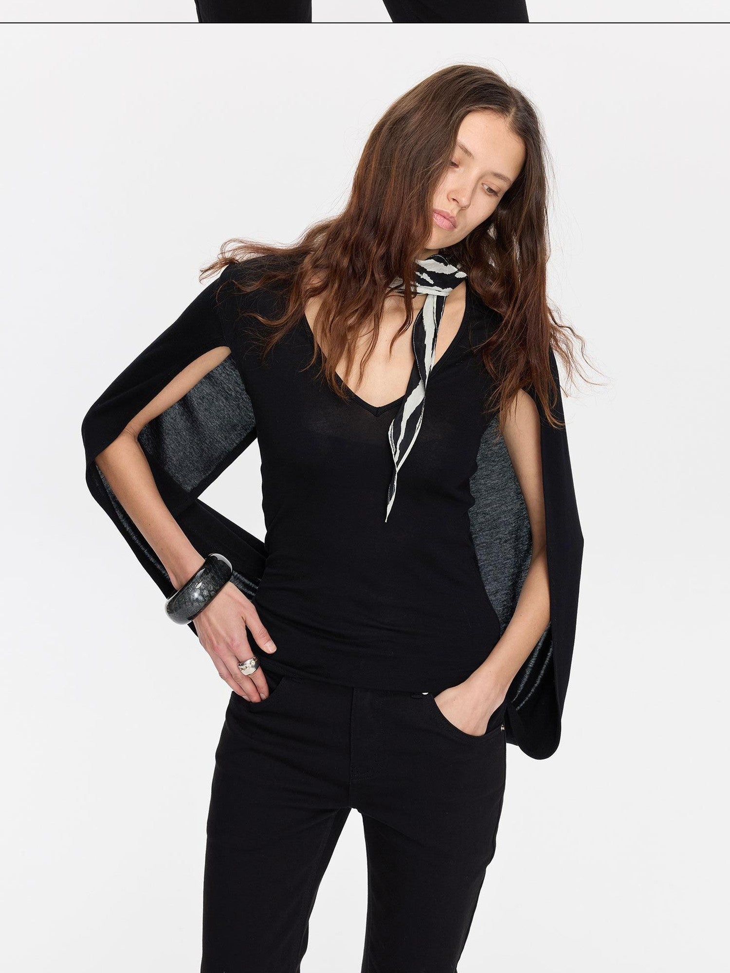 LYUOCHENG Black Cape Minimalist Deep V Women&