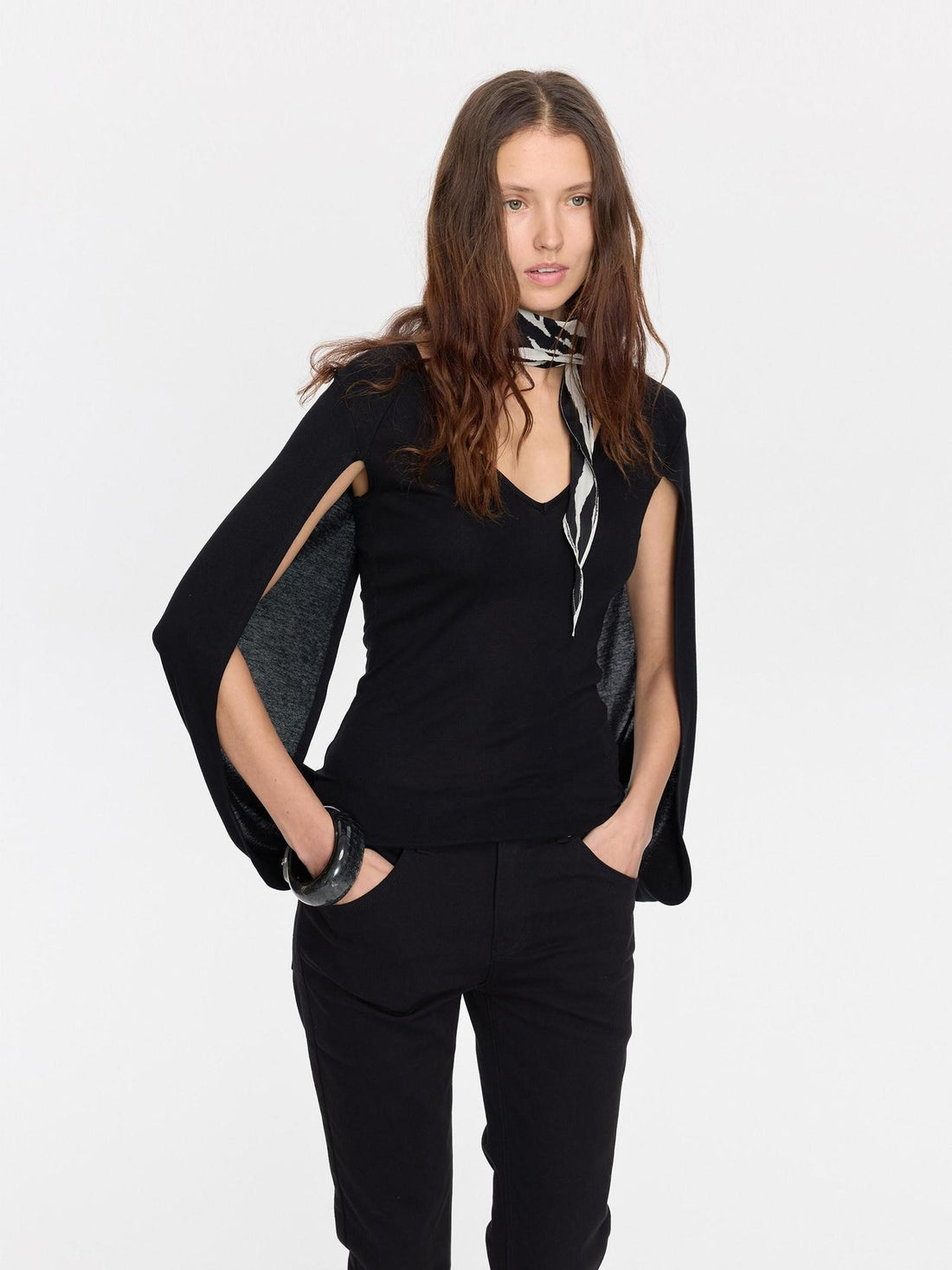 LYUOCHENG Black Cape Minimalist Deep V Women&