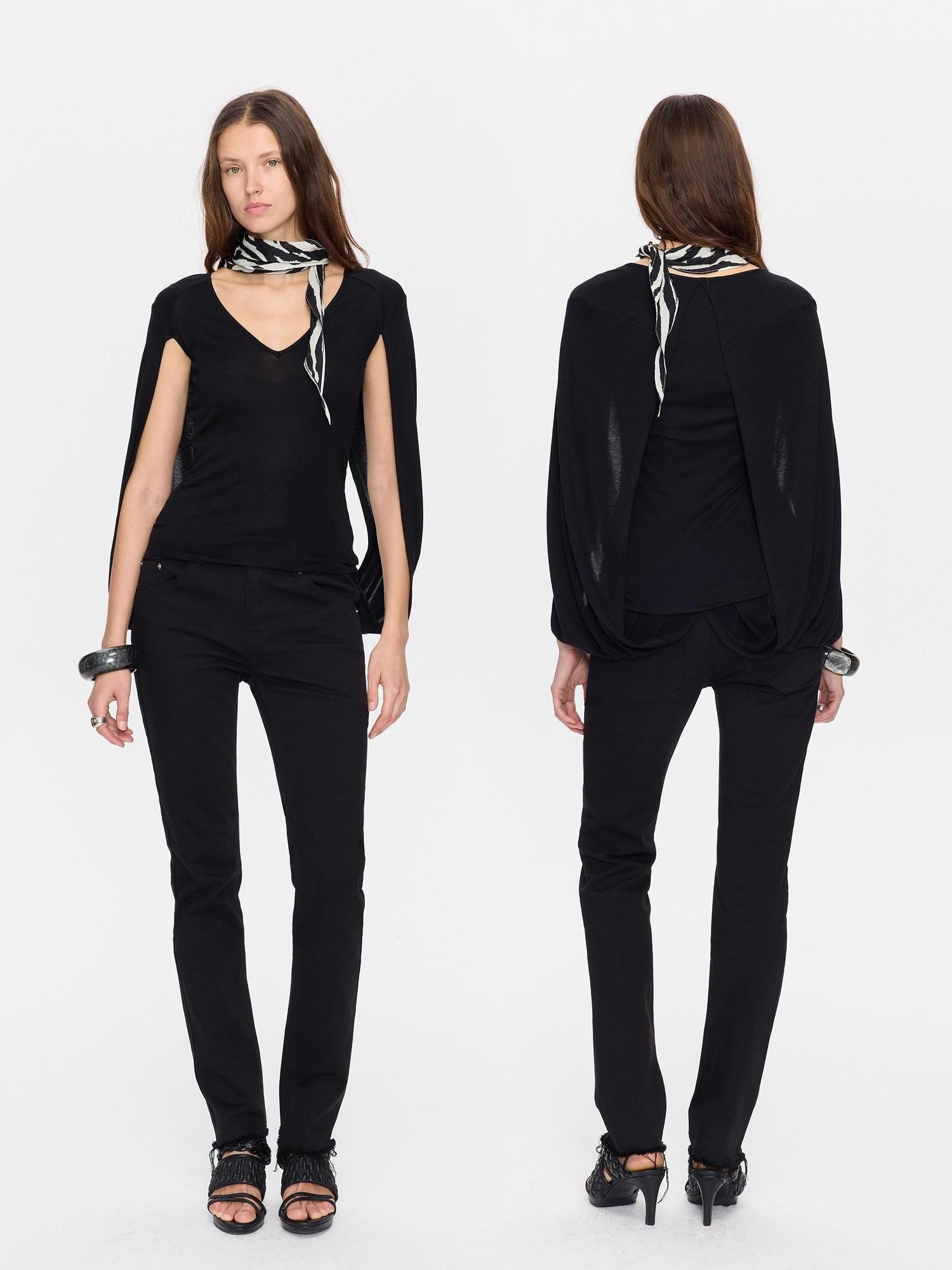 LYUOCHENG Black Cape Minimalist Deep V Women&