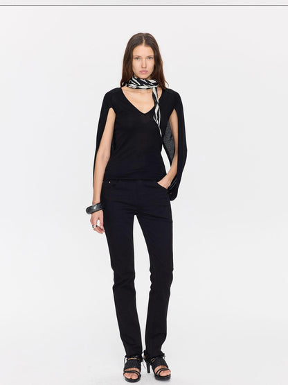 LYUOCHENG Black Cape Minimalist Deep V Women&