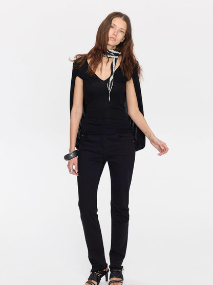 LYUOCHENG Black Cape Minimalist Deep V Women&