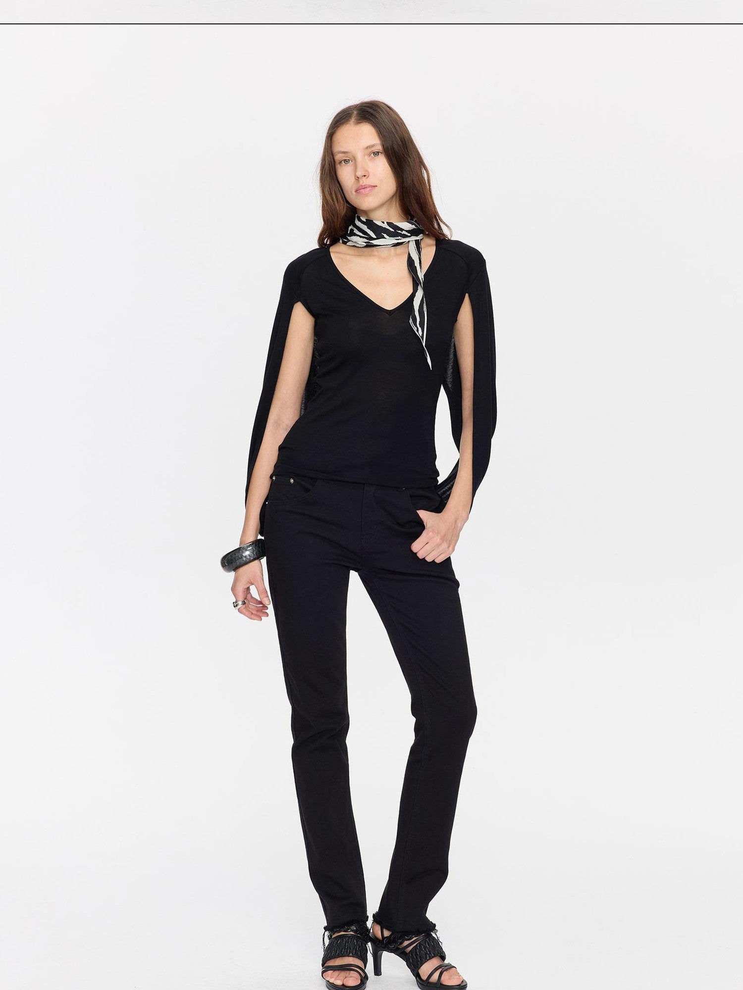 LYUOCHENG Black Cape Minimalist Deep V Women&