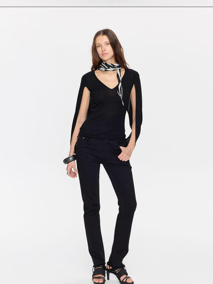 LYUOCHENG Black Cape Minimalist Deep V Women&
