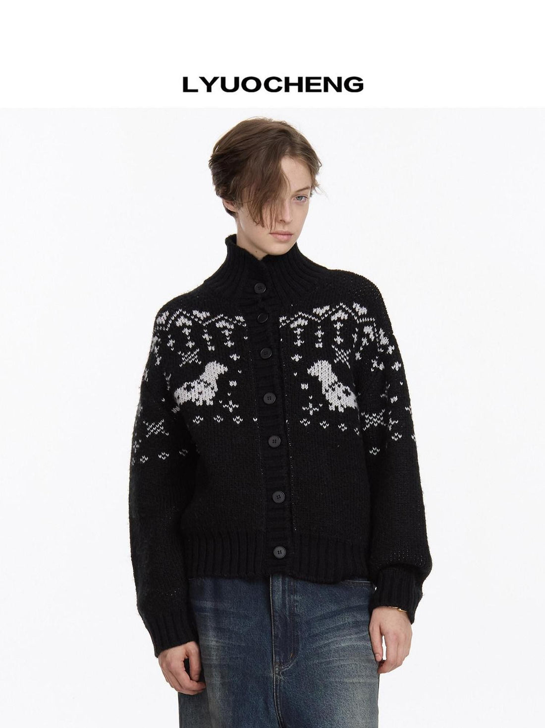 LYUOCHENG Black Dachshund Jacquard Fair Isle High Neck Loose Women&