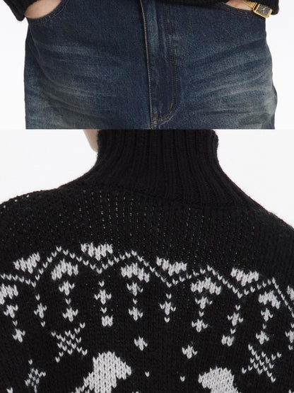 LYUOCHENG Black Dachshund Jacquard Fair Isle High Neck Loose Women&