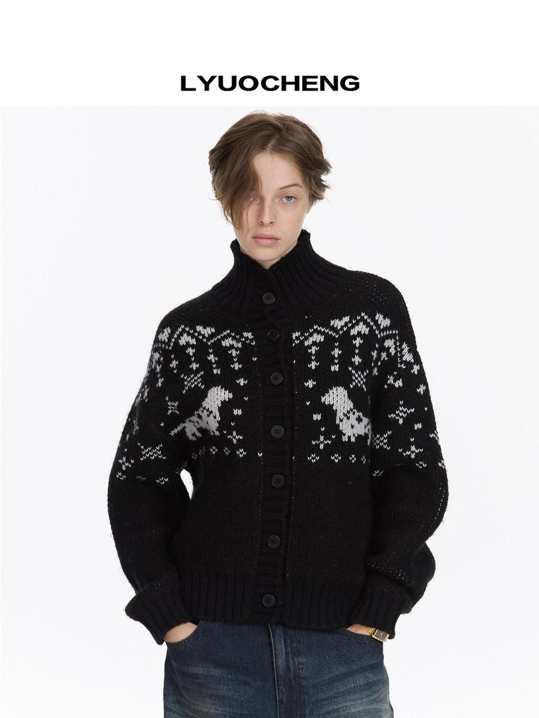 LYUOCHENG Black Dachshund Jacquard Fair Isle High Neck Loose Women&