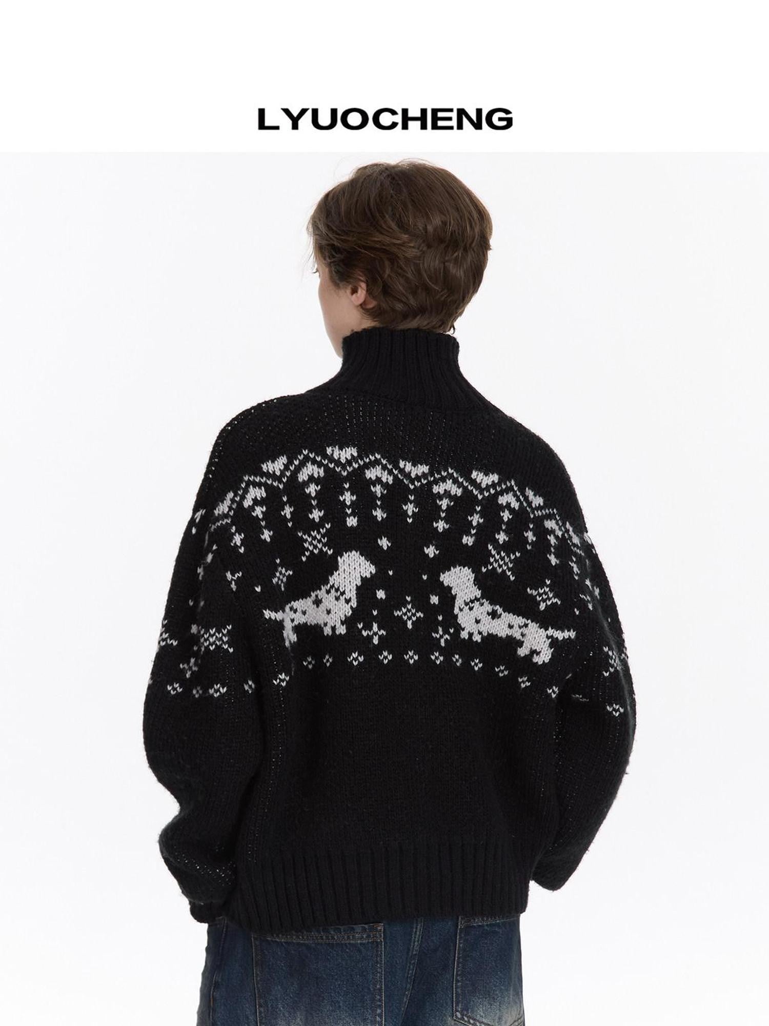 LYUOCHENG Black Dachshund Jacquard Fair Isle High Neck Loose Women&