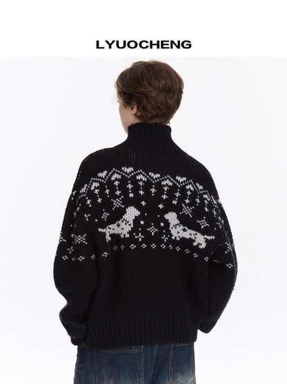 LYUOCHENG Black Dachshund Jacquard Fair Isle High Neck Loose Women&