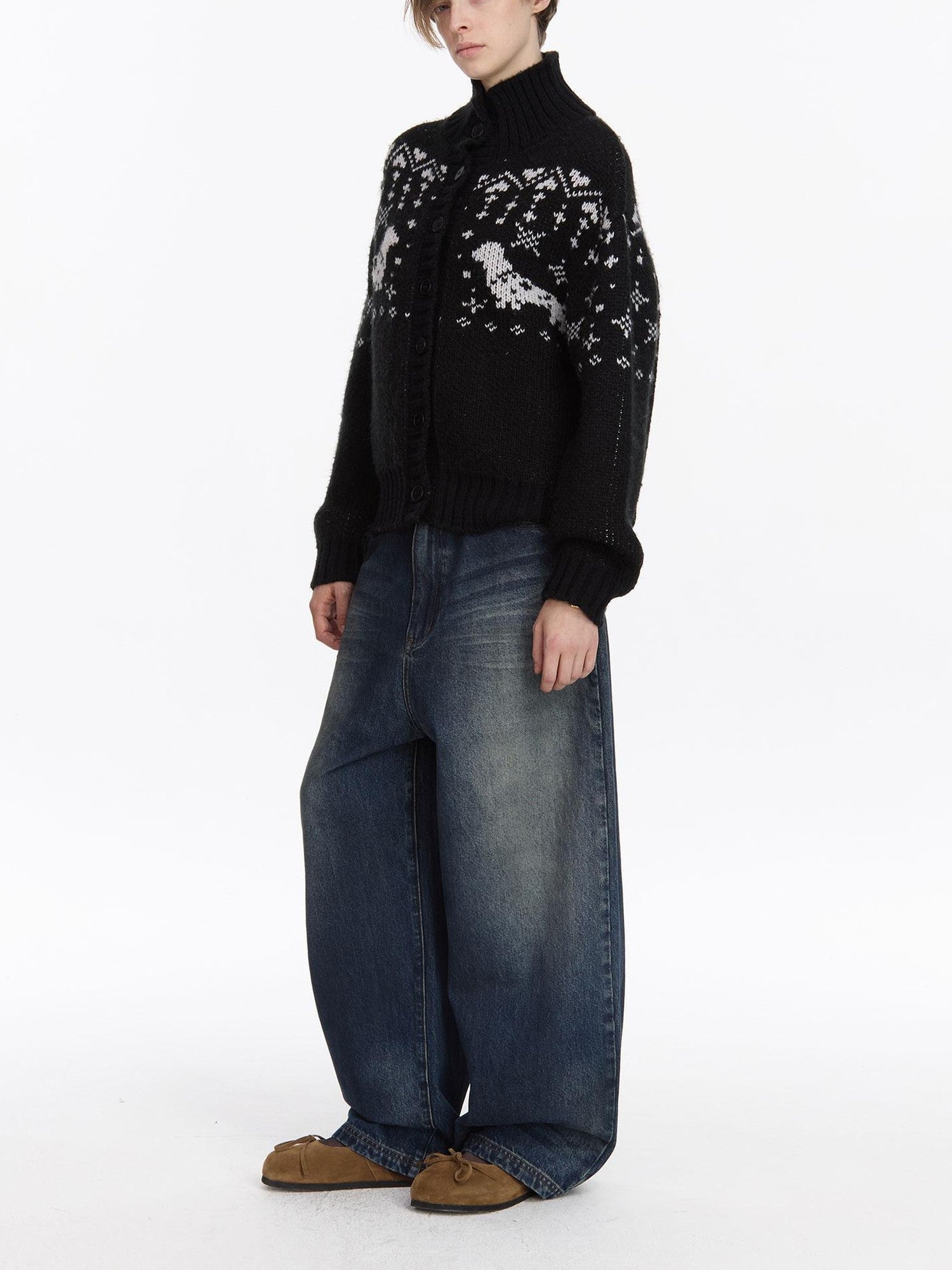 LYUOCHENG Black Dachshund Jacquard Fair Isle High Neck Loose Women&