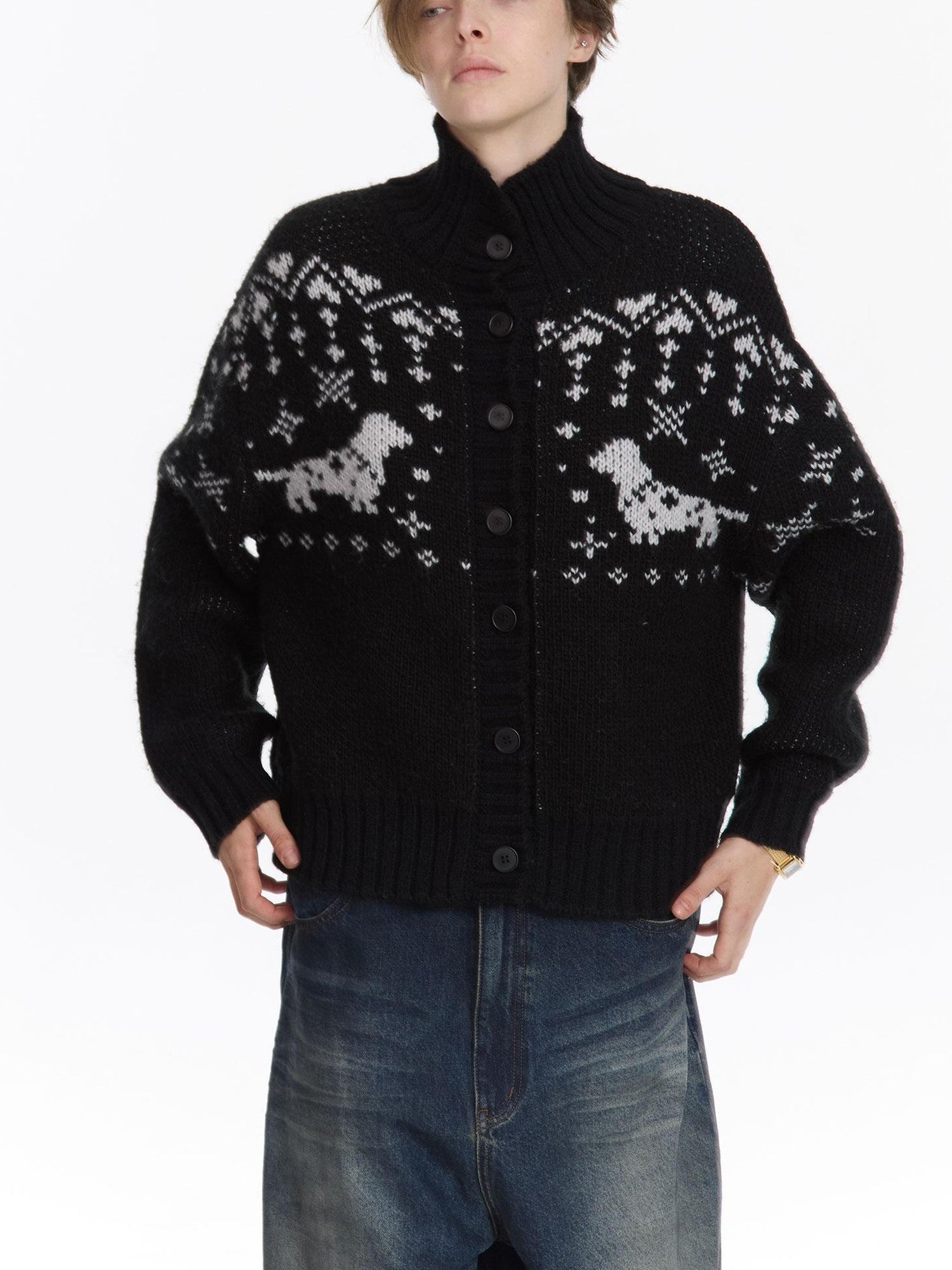LYUOCHENG Black Dachshund Jacquard Fair Isle High Neck Loose Women&