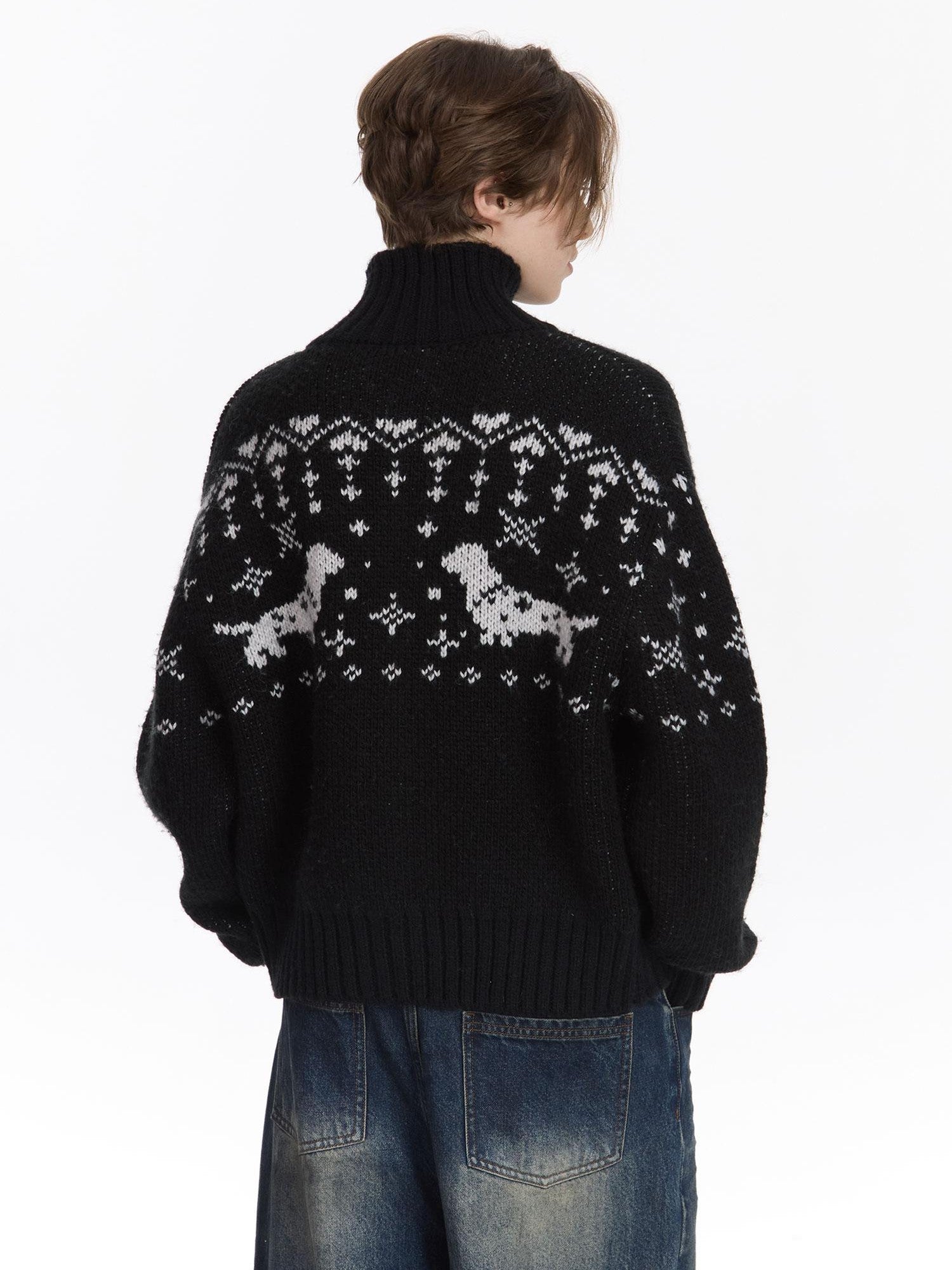LYUOCHENG Black Dachshund Jacquard Fair Isle High Neck Loose Women&