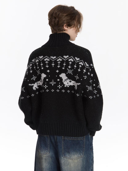 LYUOCHENG Black Dachshund Jacquard Fair Isle High Neck Loose Women&