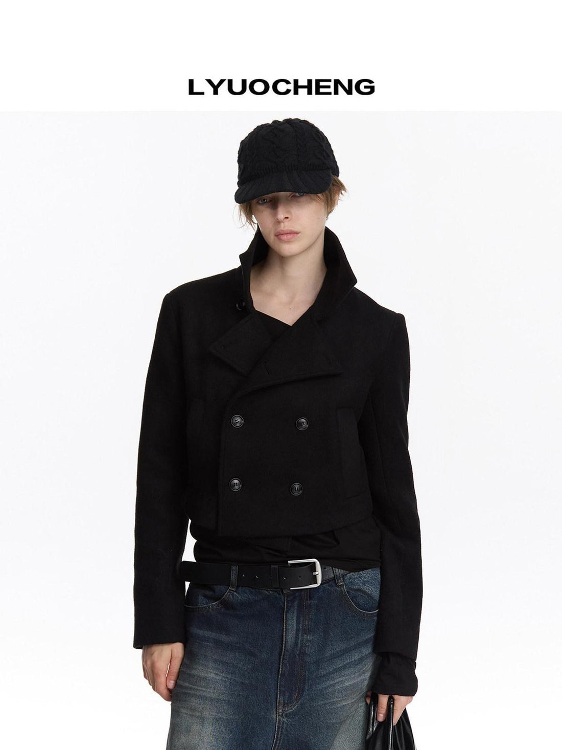 LYUOCHENG Black Double Breasted Stand Collar Women&