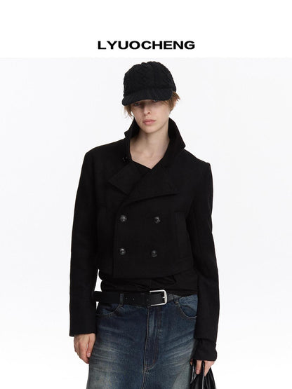 LYUOCHENG Black Double Breasted Stand Collar Women&