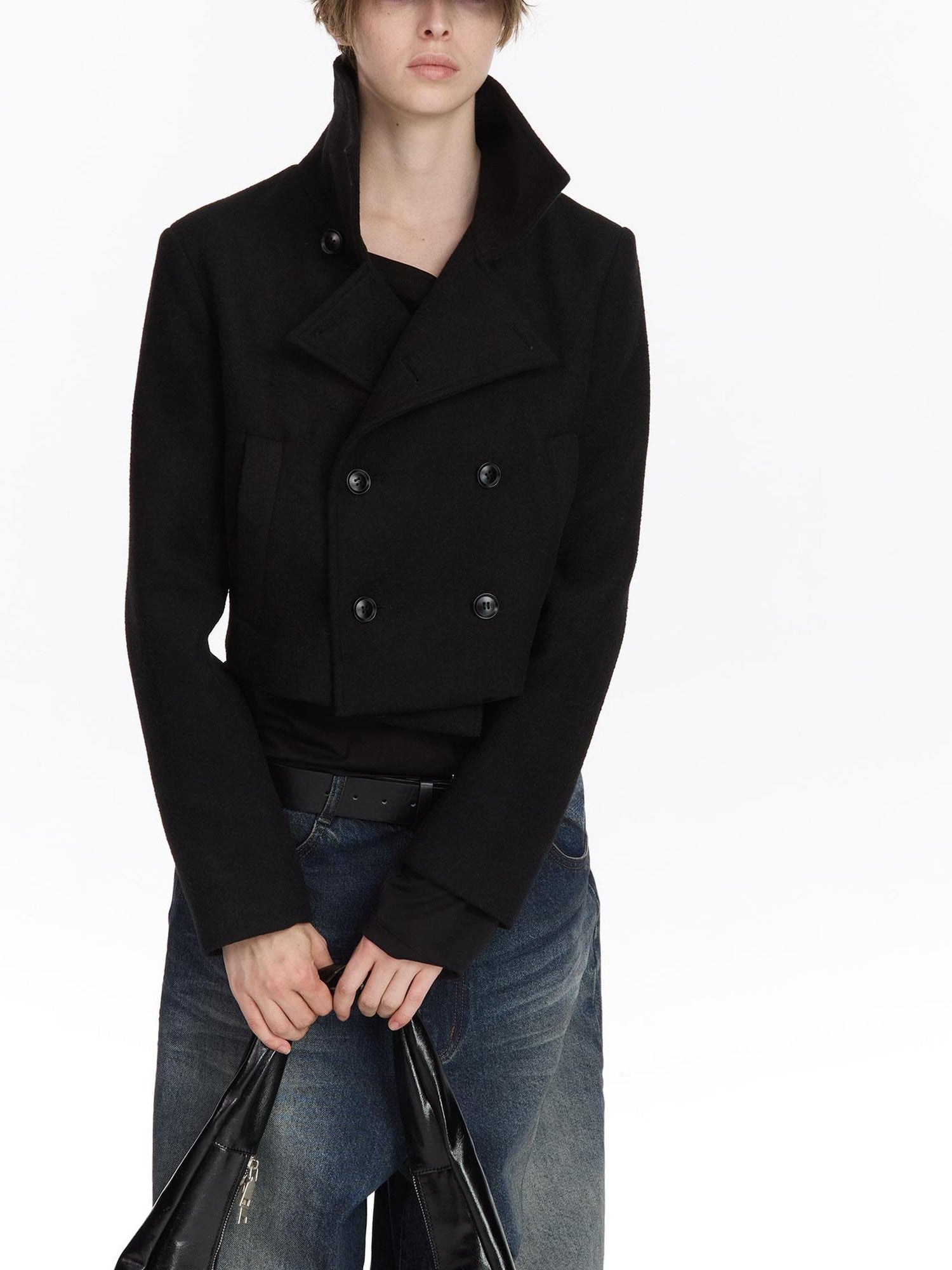 LYUOCHENG Black Double Breasted Stand Collar Women&