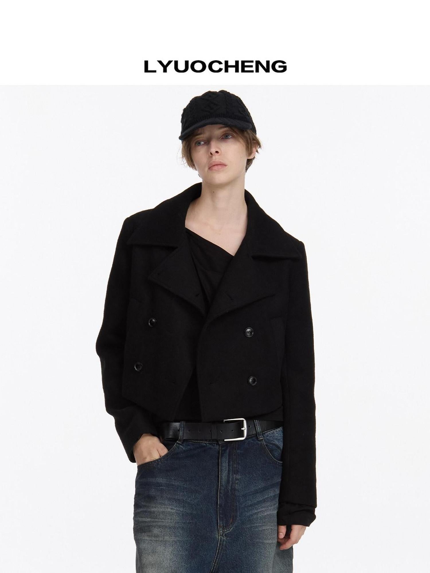 LYUOCHENG Black Double Breasted Stand Collar Women&