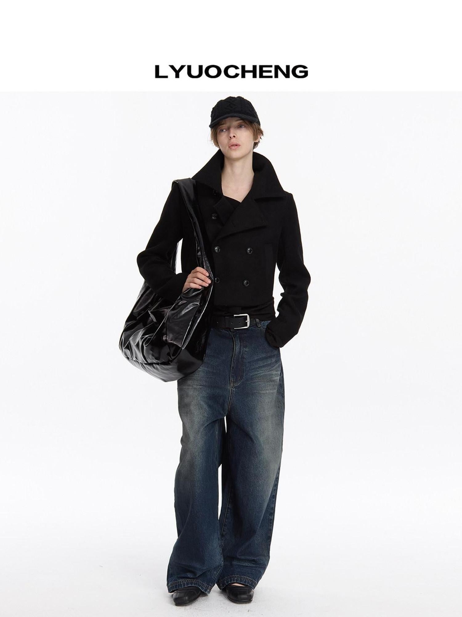 LYUOCHENG Black Double Breasted Stand Collar Women&