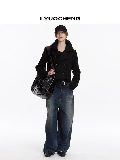 LYUOCHENG Black Double Breasted Stand Collar Women&