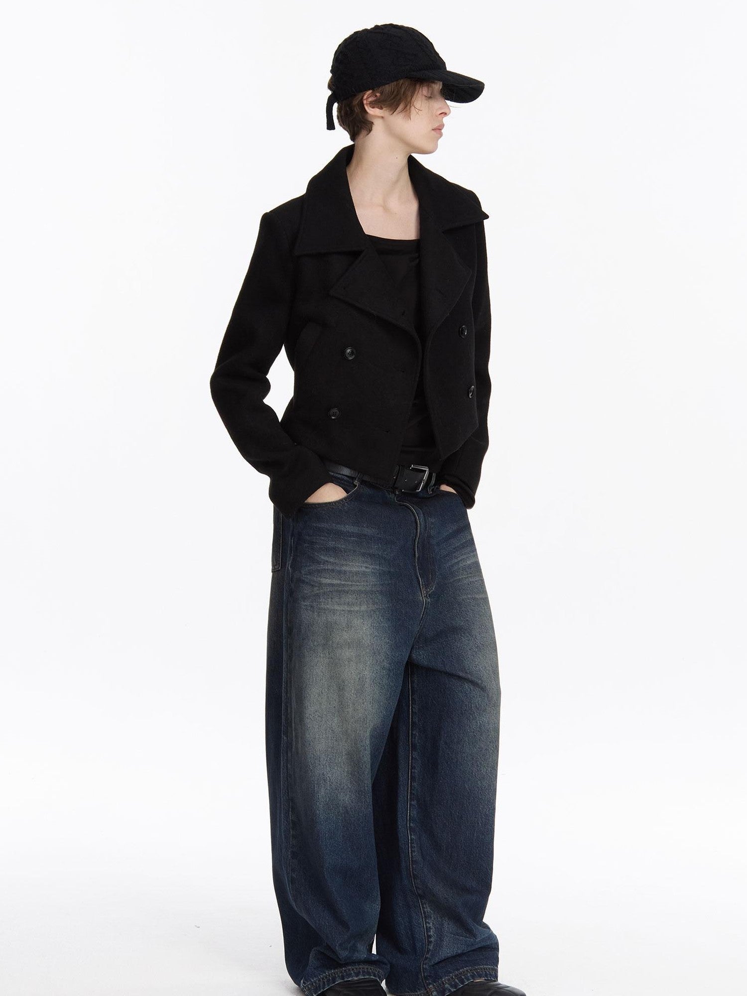 LYUOCHENG Black Double Breasted Stand Collar Women&