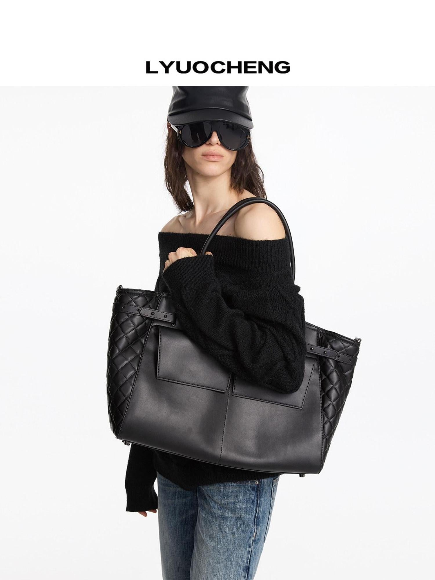 LYUOCHENG Black Embossed Structured Square Tote Detachable Strap Women&