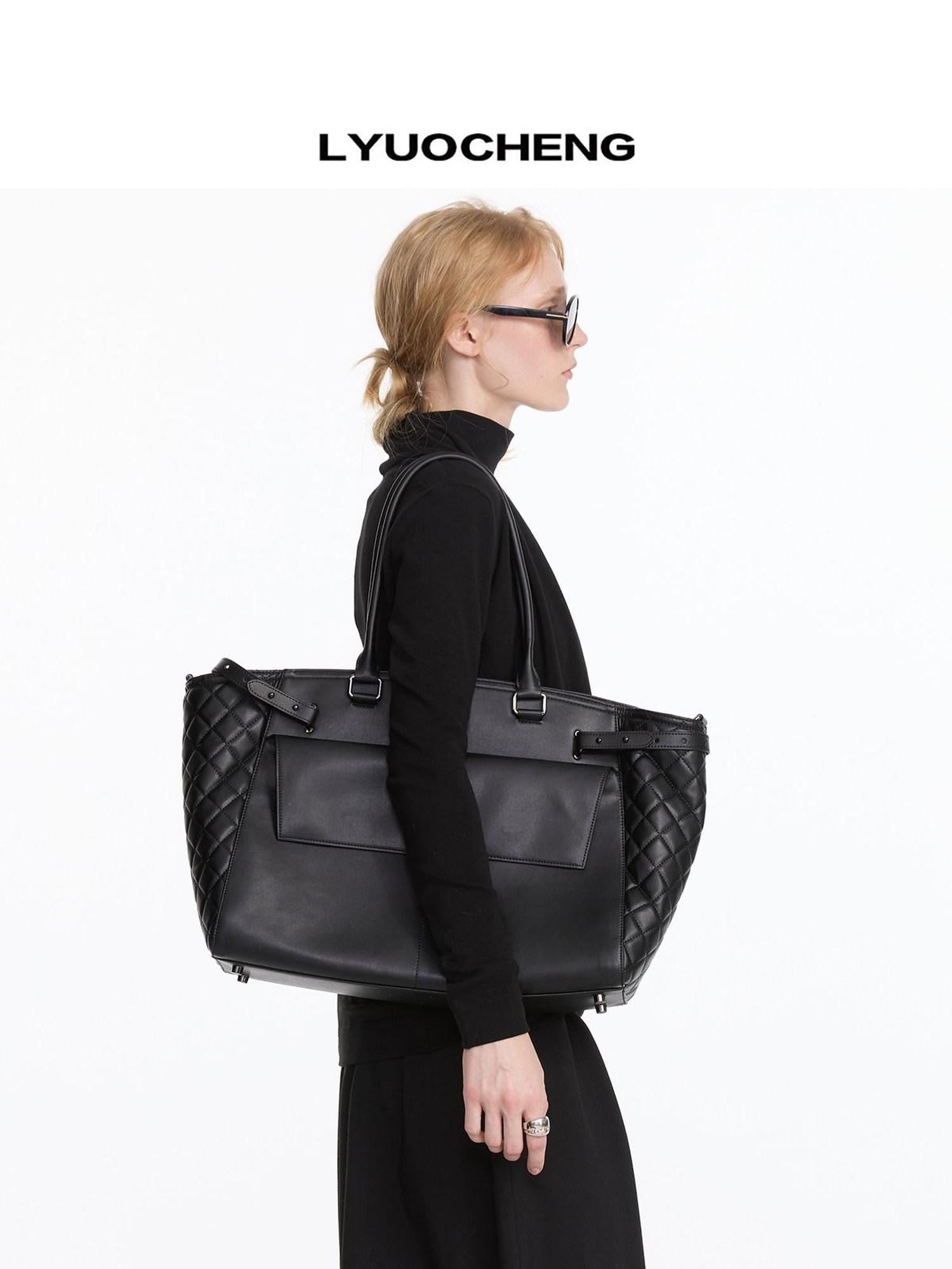 LYUOCHENG Black Embossed Structured Square Tote Detachable Strap Women&