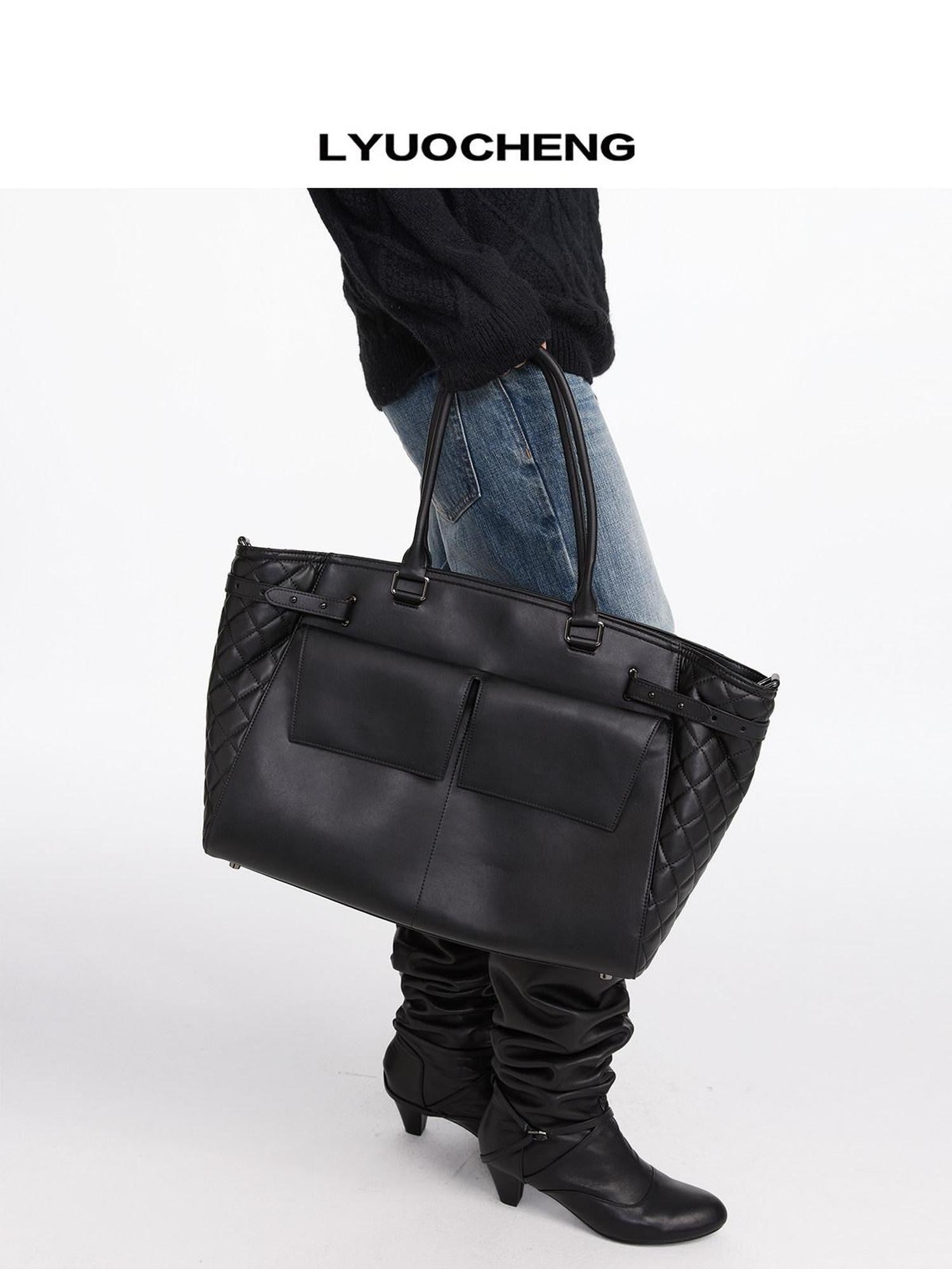 LYUOCHENG Black Embossed Structured Square Tote Detachable Strap Women&