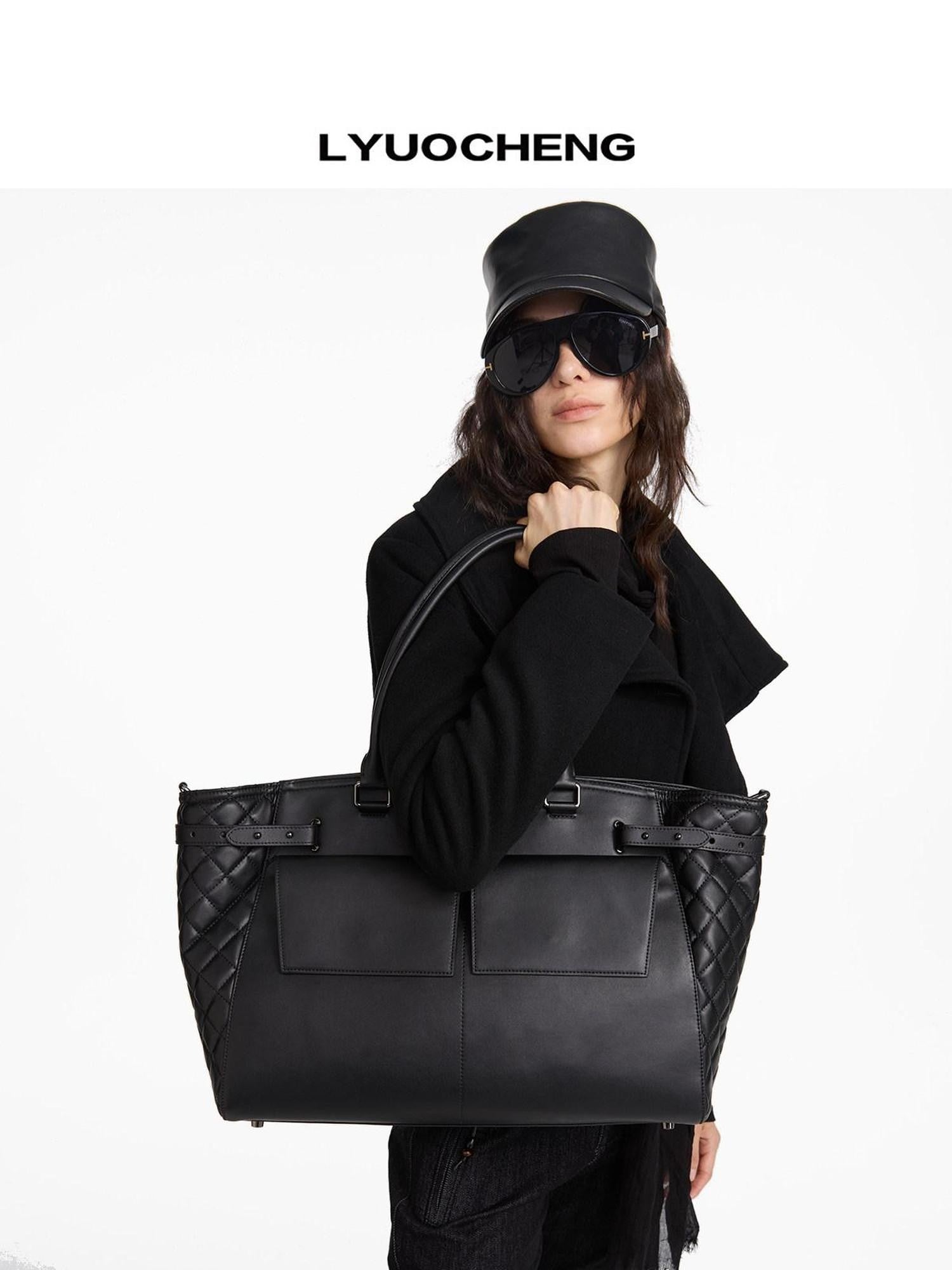 LYUOCHENG Black Embossed Structured Square Tote Detachable Strap Women&
