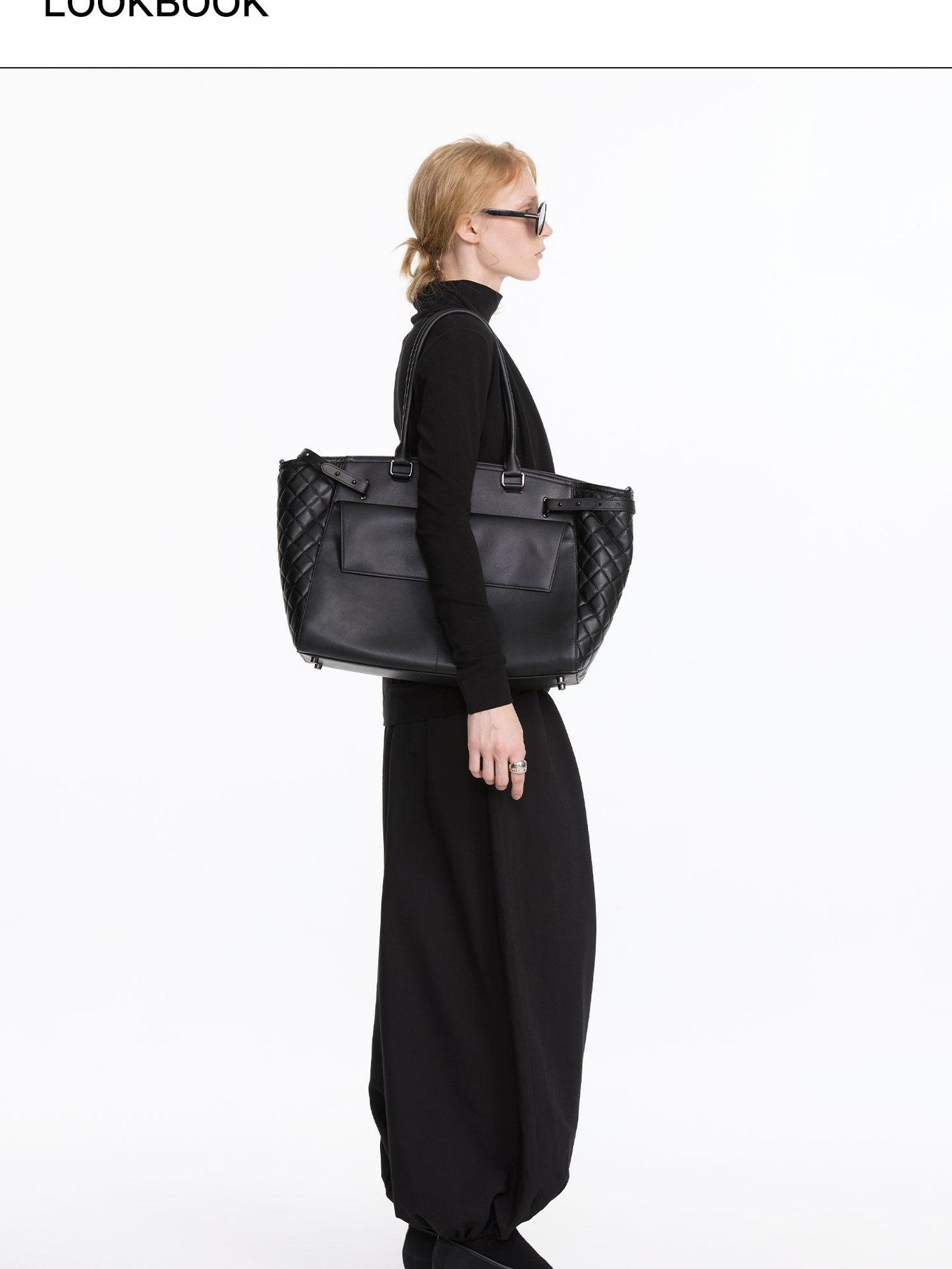 LYUOCHENG Black Embossed Structured Square Tote Detachable Strap Women&