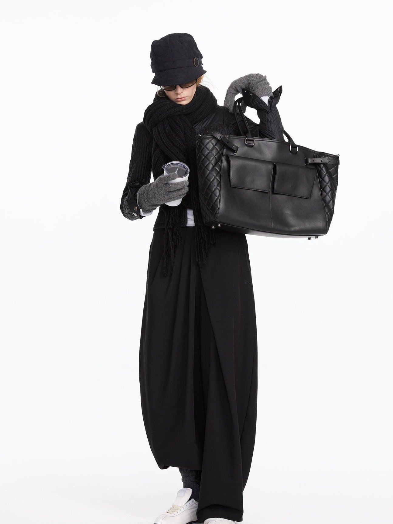 LYUOCHENG Black Embossed Structured Square Tote Detachable Strap Women&