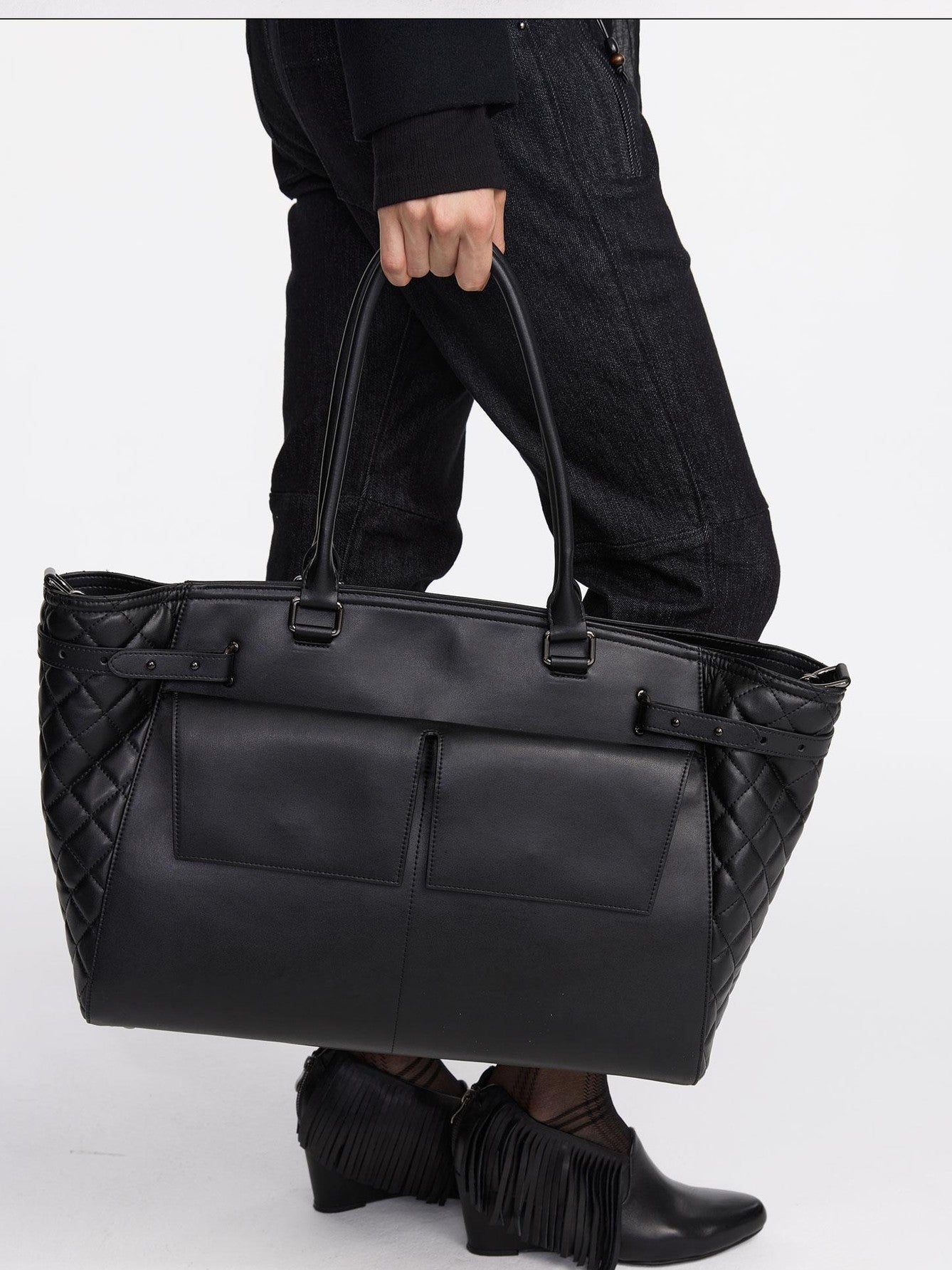 LYUOCHENG Black Embossed Structured Square Tote Detachable Strap Women&