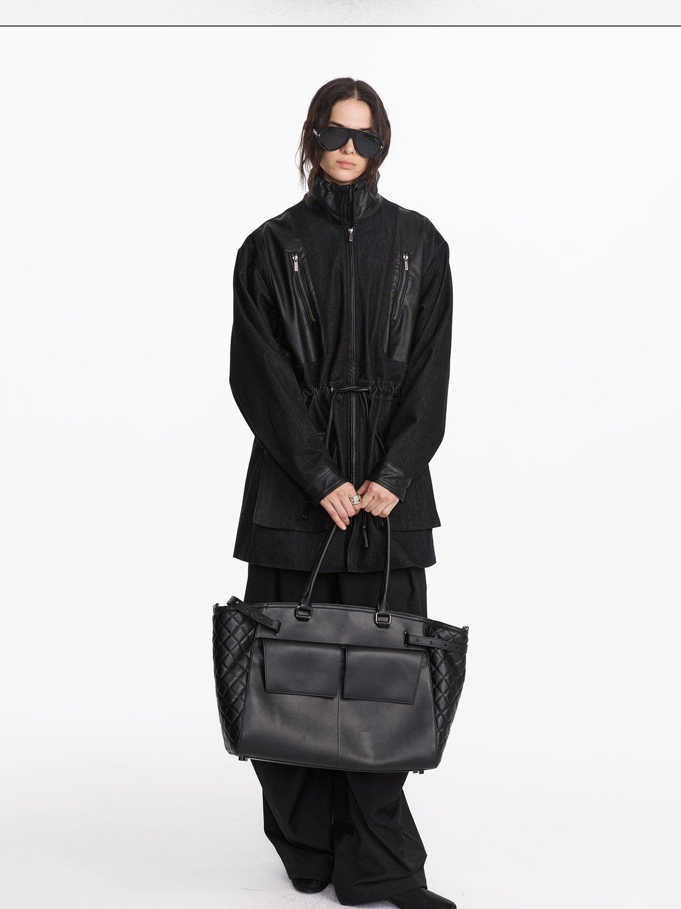 LYUOCHENG Black Embossed Structured Square Tote Detachable Strap Women&