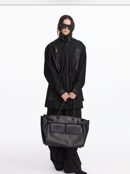 LYUOCHENG Black Embossed Structured Square Tote Detachable Strap Women&