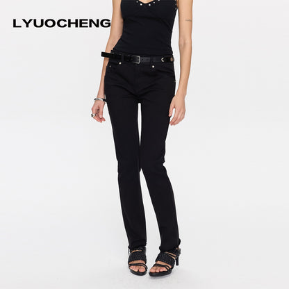 LYUOCHENG_Black_Frayed_Hem_Low_Rise_Stretch_Straight_Pencil_Women&