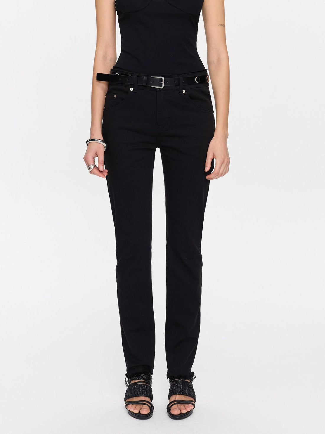 LYUOCHENG Black Frayed Hem Low Rise Stretch Straight Pencil Women&