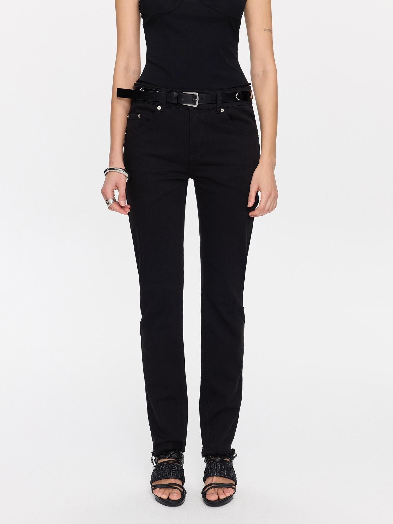LYUOCHENG Black Frayed Hem Low Rise Stretch Straight Pencil Women&