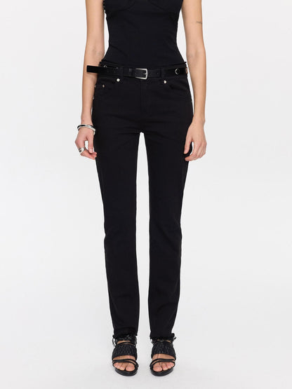 LYUOCHENG Black Frayed Hem Low Rise Stretch Straight Pencil Women&