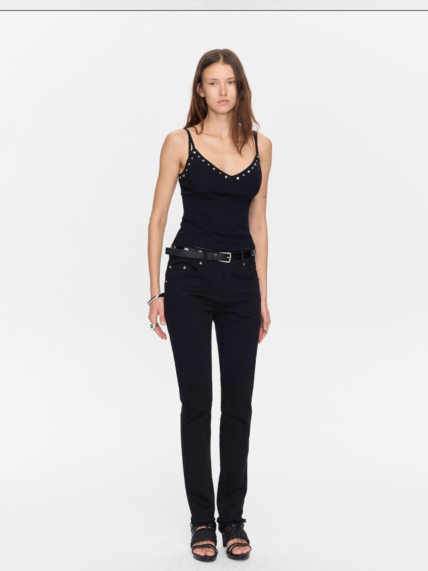 LYUOCHENG Black Frayed Hem Low Rise Stretch Straight Pencil Women&